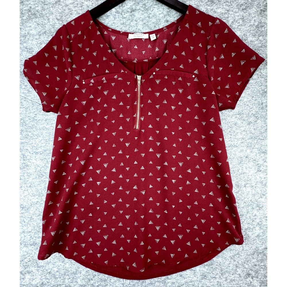 Tempted Los Angeles Women Blouse Burgundy with Gray Triangles V-Neck Zipper Sz M